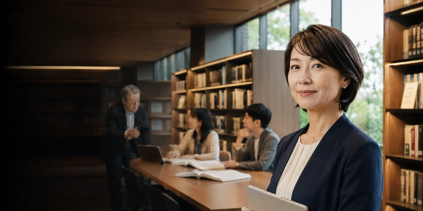 図書空間で学ぶ日本フューネラル大学の社会人受講生と講師